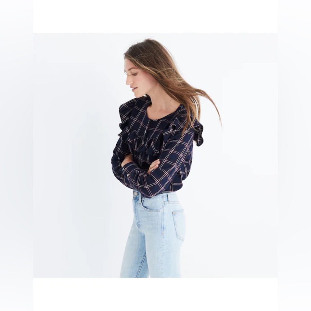 Madewell | Navy Plaid Ruffle Yoke Flannel Shirt Size Small Top jcrew J crew‎